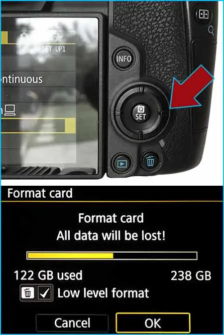Press SET button on Canon EOS R to format the SD card
