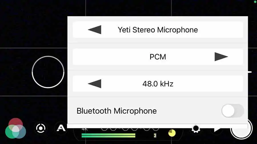 Filmic Pro connected to Blue Yeti