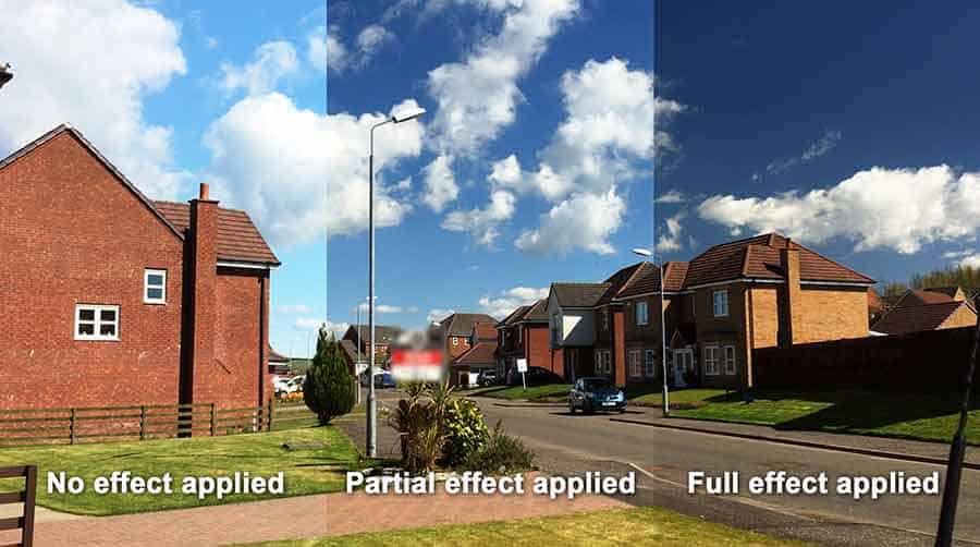 Remove glare from video clips with a polarizing filter but also darken and saturate the sky