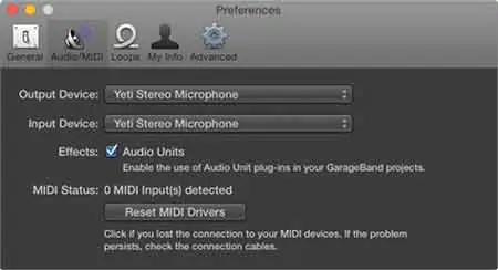 Setup Yeti on Garageband mac