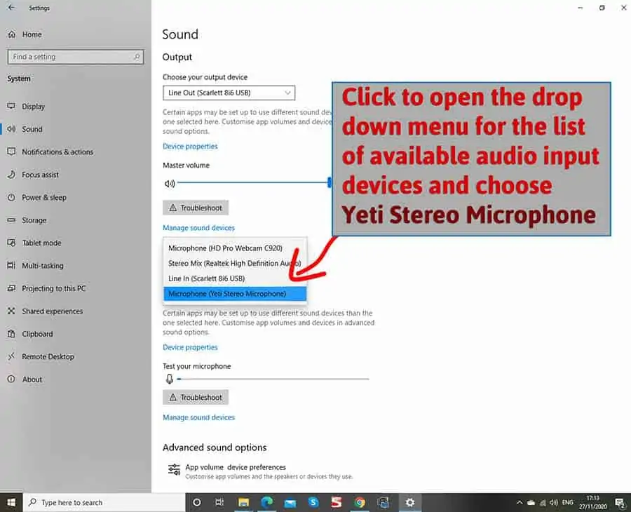 Sound settings window 1