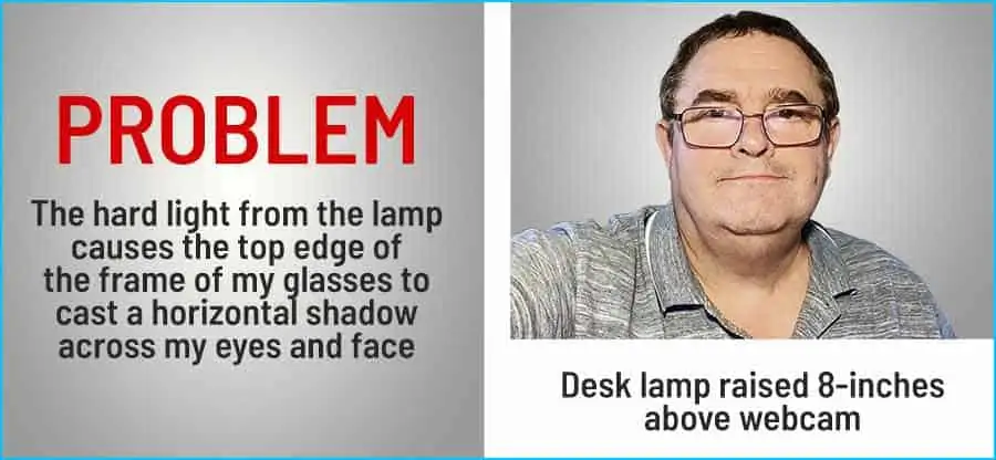 The hard light of the desk lamp causes the frame of the glasses to cast a shadow across my face