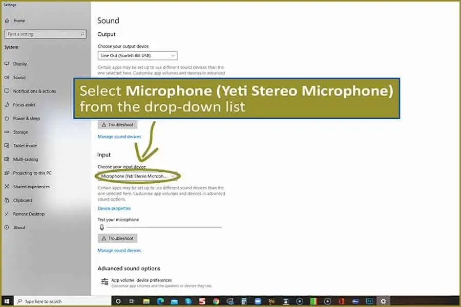 Selecting Blue Yeti in Windows Sound Settings