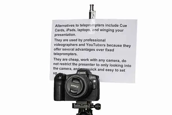 Cue card attached to light stand and placed above and behind the camera 