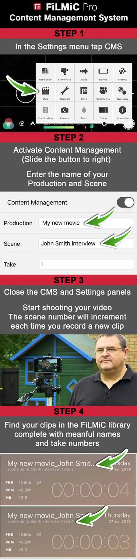 An infographic showing how to use Filmic Pro's Content Management System or CMS