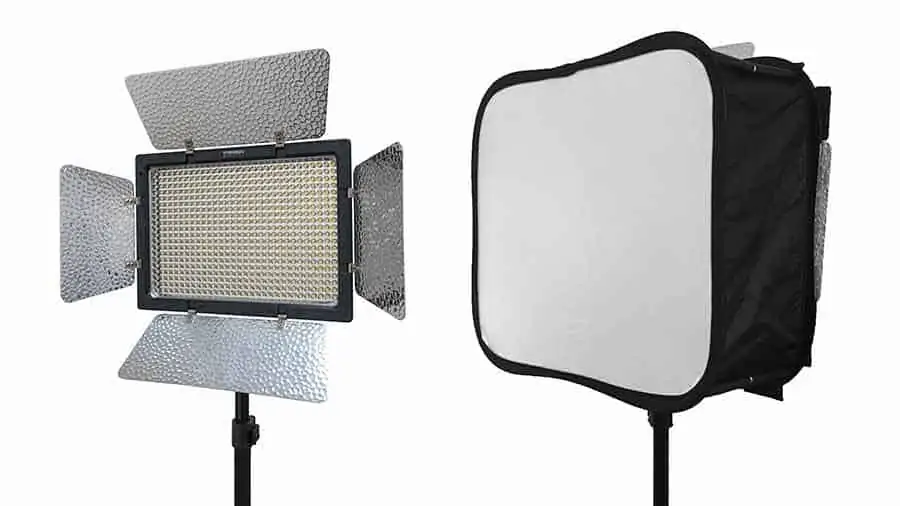 An image of a Yongnuo YN600L LED light panel with and without a Ulanzi SB600 foldable Softbox 