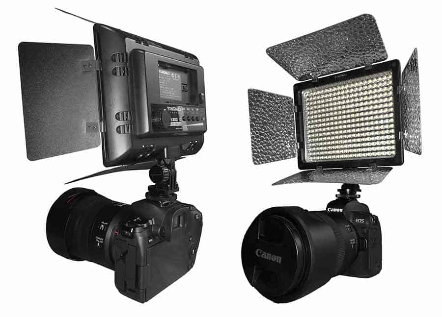 Yongyuo YN300 ii LED light mounted on a Canon EOS R mirrorless camera