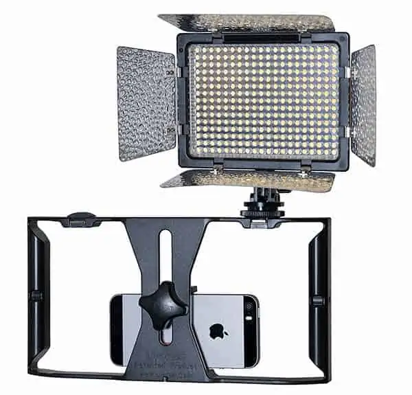 On-camera LED light mounted on an iPhone camera right.