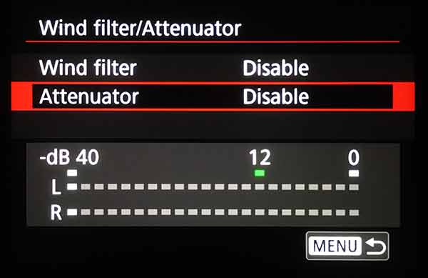 Canon EOS R Wind Filter/Attenuator menu screen