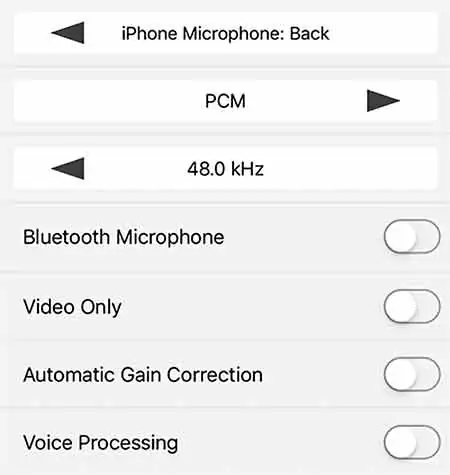 This filmic pro presets screen allows us to select which microphone to use and other audio related matters.