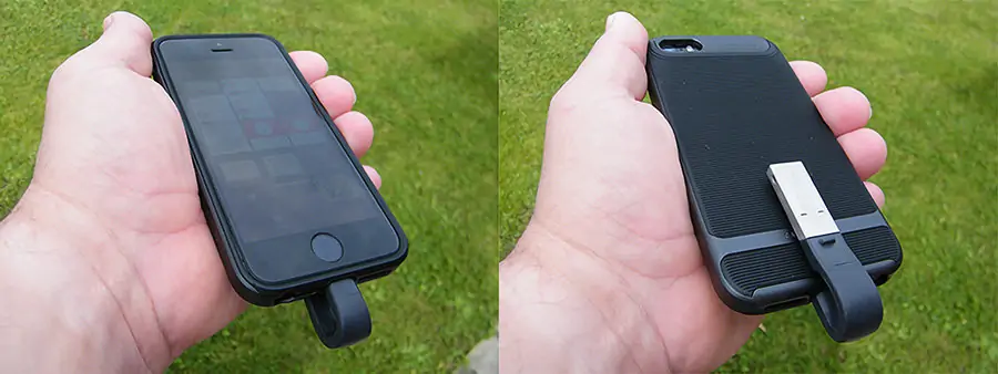 Image of a SanDisk iXpand external flash drive plugged into an iPhone