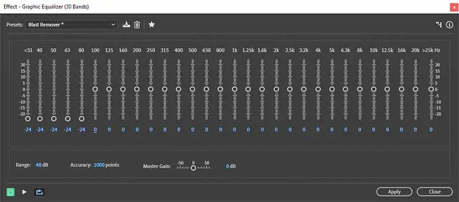 Adobe Audition low cut graphic equalizer filter helps cut some wind noise