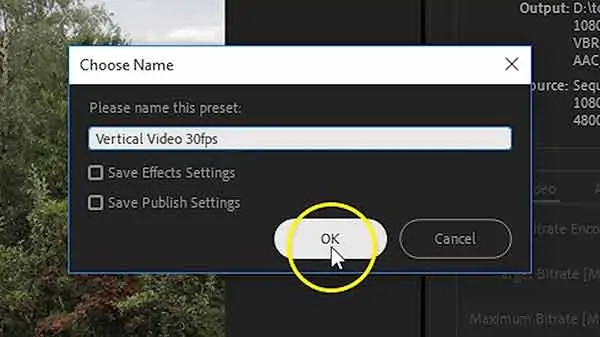 Click OK to save the export preset. 