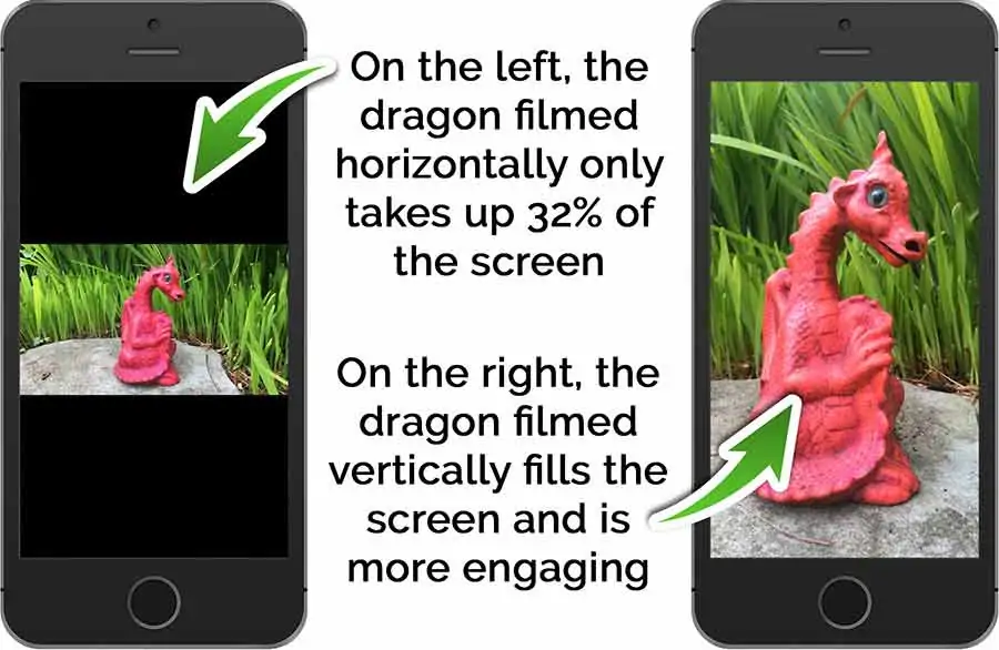 A subject that is naturally taller than wide, such as this model dragon, suits the vertical video format. We have filmed the dragon both horizontally and vertically and see much more detail with the vertical video because the dragon fills more of the smartphone screen. 