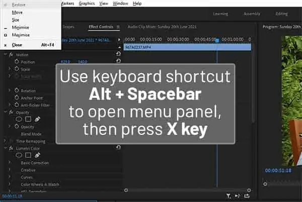 How-to-fix-Premiere-Pro-Missing-Min-Max-and-Close-Buttons using Alt_Spacebar keyboard shortcut