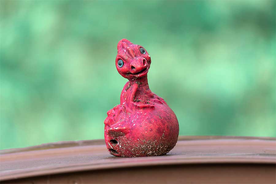 Image of a dragon garden ornament in front of a blurry photography background