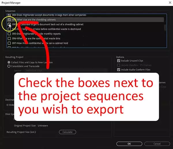 Step 2 in exporting a Premiere Pro project