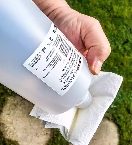 Applying alcohol to paper towel