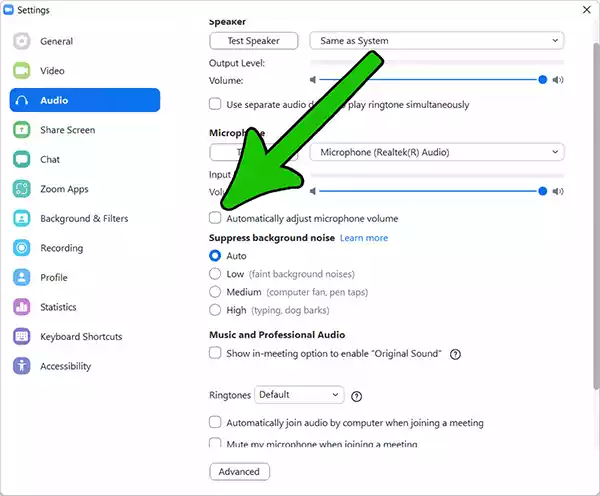 Zoom sound settings for music step 3