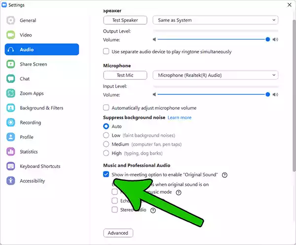 Zoom sound settings for music step 4