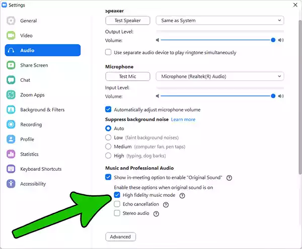 Zoom sound settings for music step 5