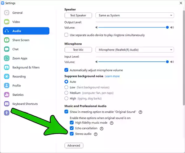 Zoom sound settings for music step 7