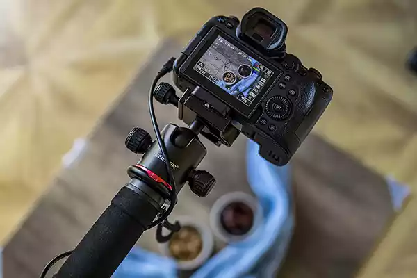 CU of a Canon EOS R6 mounted on the end of a monopod using a ball head