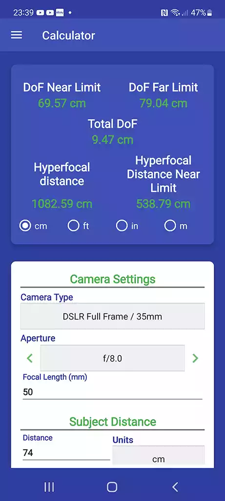 Screenshot of DOF Calculator PRO