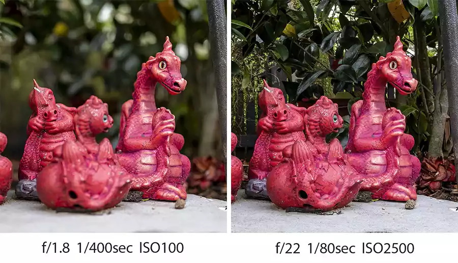 Sample shots of red dragons taken using AV camera mode showing how  changing the aperture changes the depth of field