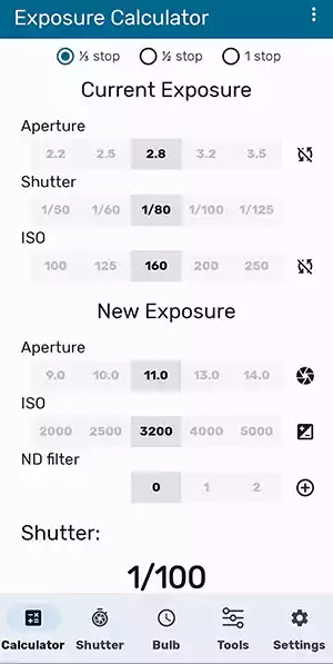 Screen shot of the Exposure Calculator app for Android