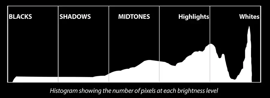 An example of an image histogram, showing the different tonal areas