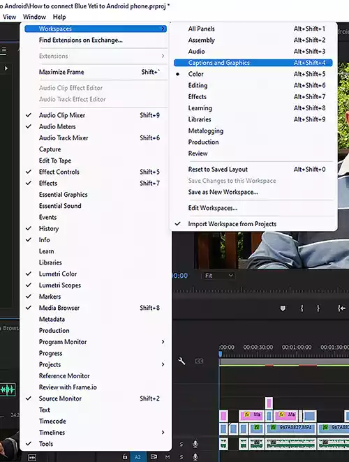 How to change to the captions & graphics workspace