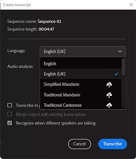 Choosing the correct language in Premiere Pro 2022 for the transcription