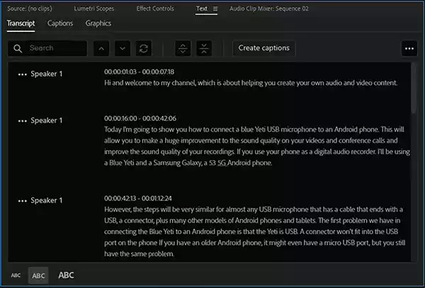 The completed transcription of the audio in the Transcription window