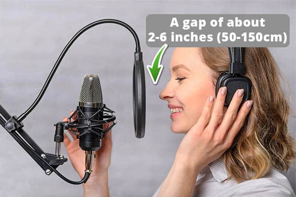 An image showing how close you should be to a pop filter when recording