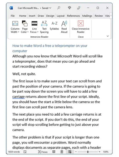View of Immersive Reader in a Word document