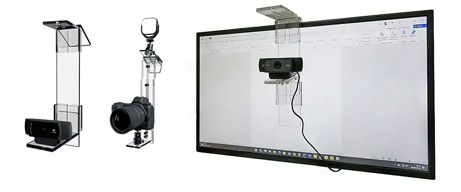 Examples of PlexiCam camera holders and how one hangs from the top of a computer screen