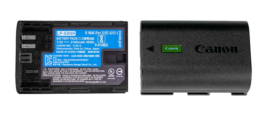 Rear and front of the Canon LP-E6NH battery pack