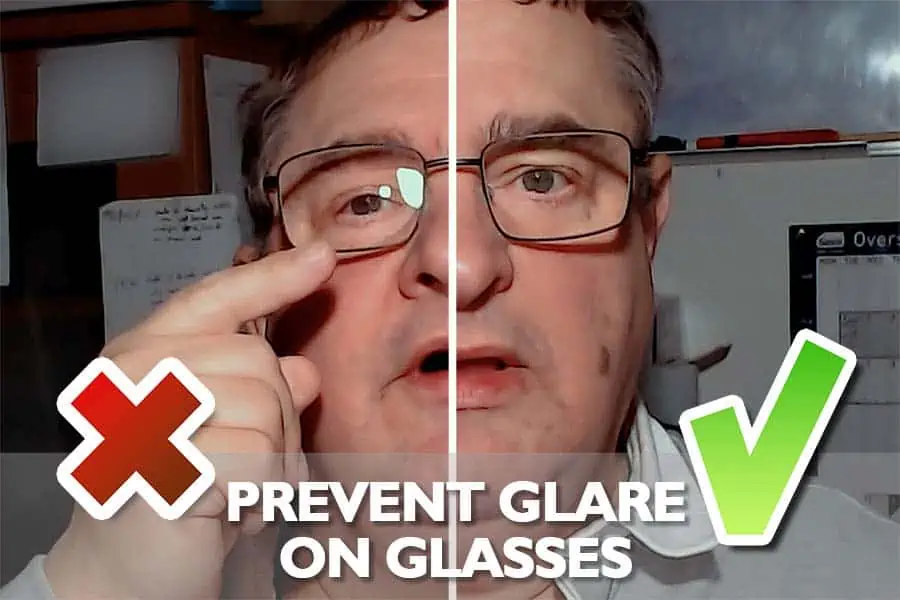 A before and after image of glare on glasses and then the glasses without glare