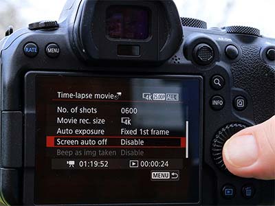 On the Time-lapse movie screen choose Screen auto off