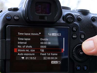 On the Time-lapse movie screen select Movie rec. size and press the SET button