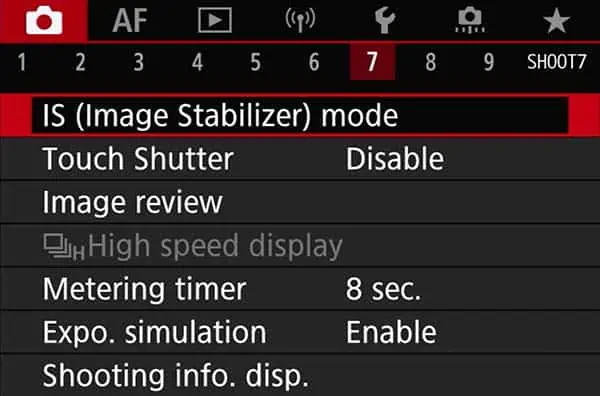 Shoot 7 screen on the Canon R5/R6 menu