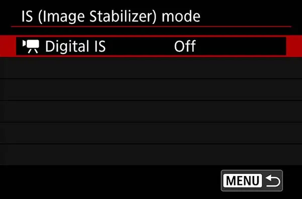 IS (Image Stabilizer) mode screen with a stabilized lens mounted