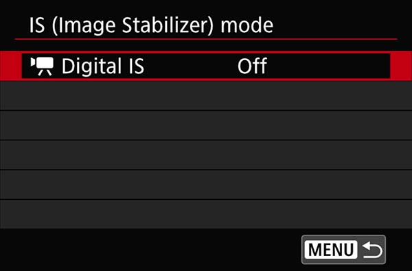 Image Stabilizer screen showing Movie Digital IS set to Off