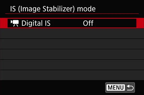 Image Stabilizer screen showing Movie Digital IS set to Off