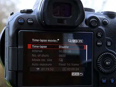 Selecting Time-lapse in the Time-lapse movie screen