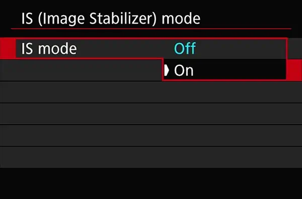 IS (Image Stabilizer) mode option screen with "On" selected.