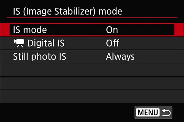 The IS (Image Stabilizer) mode screen on the R5/R6/R6 MkII once the Image Stabilizer has been turned on when using a non-stabilized lens. 