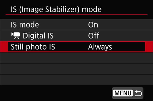 selected "Still photo IS" on the Image stabilizer screen in the menu system of EOS R5/R6/R6 MkII