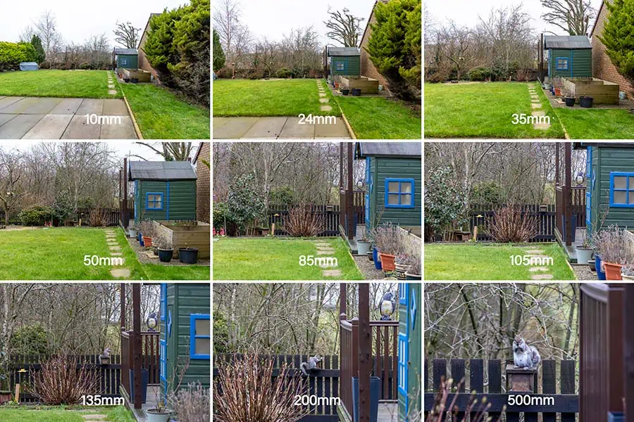 Image comparison at different focal lengths: 10mm, 24mm, 35mm, 50mm, 85mm, 105mm, 200mm, and 500mm.